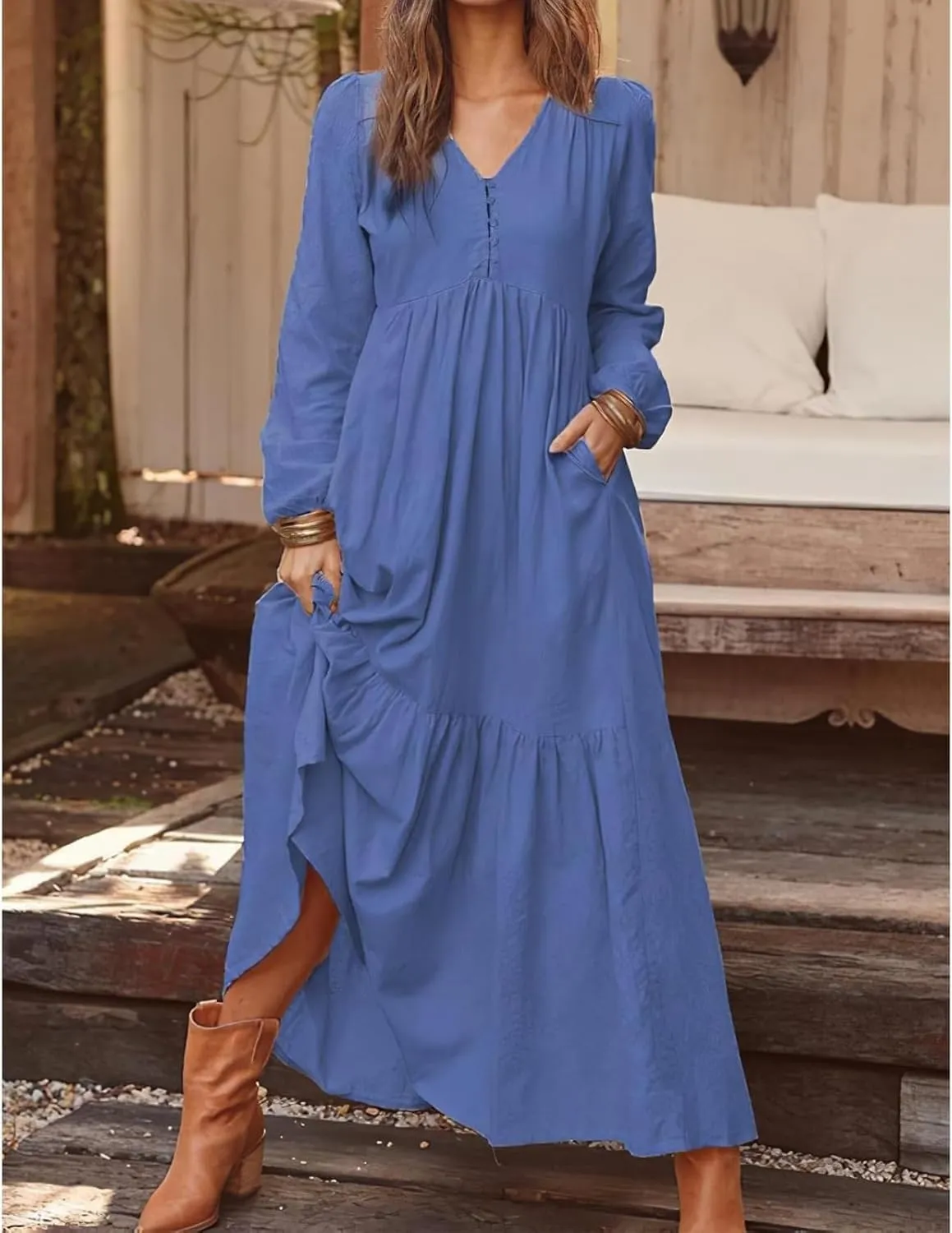 Women's Linen Maxi Dress Long Sleeve with Pockets Boho Beach Pleated Long Dress Casual V-Neck Tiered Ruffle Dresses