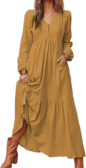 Women's Linen Maxi Dress Long Sleeve with Pockets Boho Beach Pleated Long Dress Casual V-Neck Tiered Ruffle Dresses