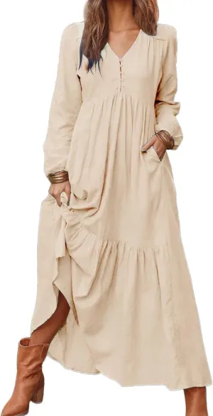 Women's Linen Maxi Dress Long Sleeve with Pockets Boho Beach Pleated Long Dress Casual V-Neck Tiered Ruffle Dresses