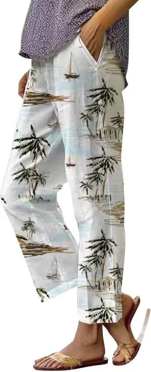 Womens Linen Pants Elastic Waist Boho Floral Pants Straight Casual Loose Summer Beach Baggy Trousers with Pockets