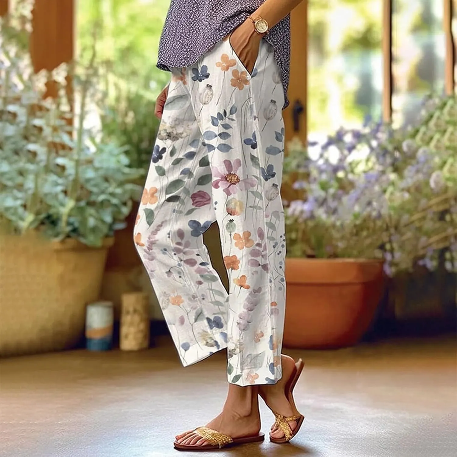 Womens Linen Pants Elastic Waist Boho Floral Pants Straight Casual Loose Summer Beach Baggy Trousers with Pockets