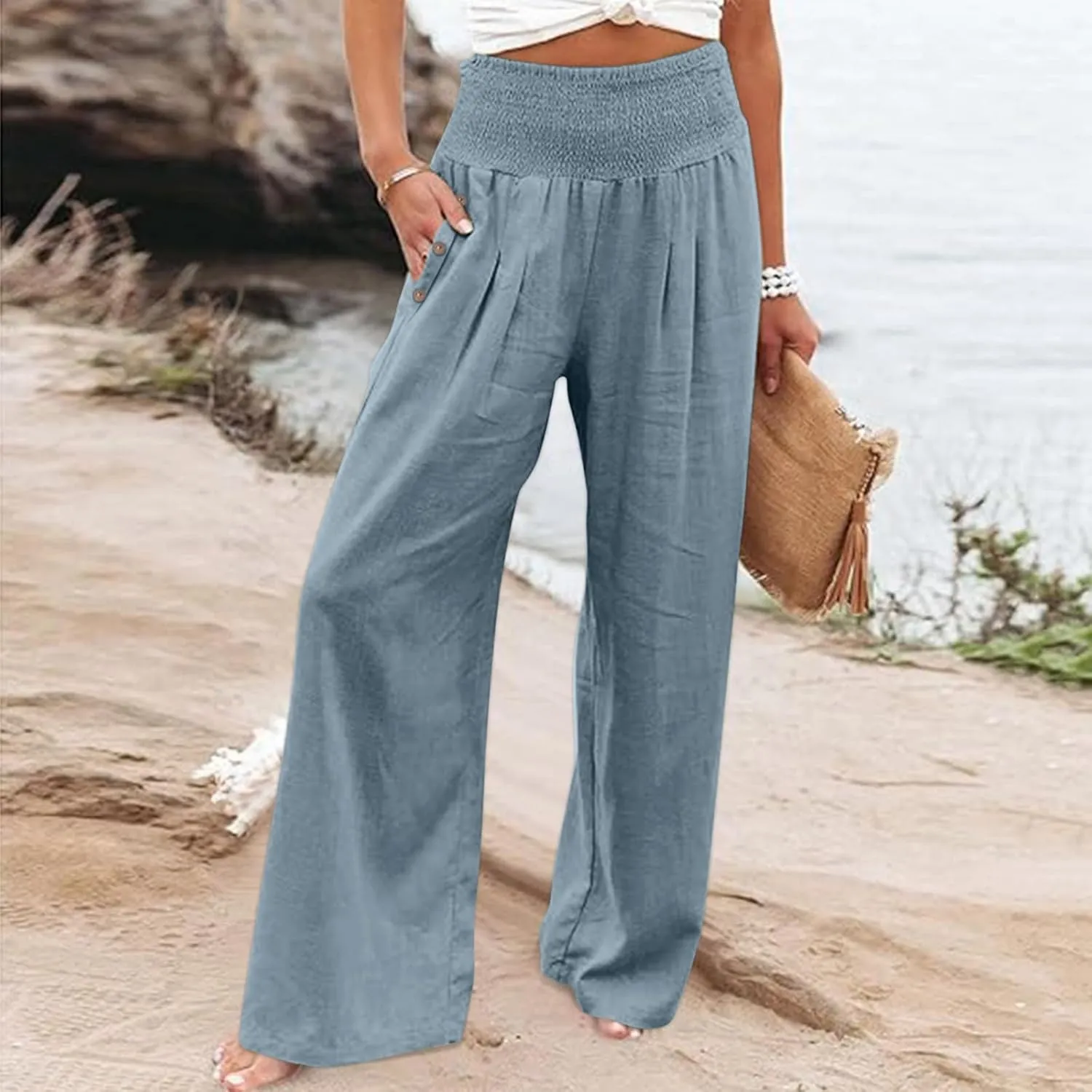 Womens Linen Pants with Pockets Vacation Dressy Elastic Waist Lightweight Casual Cotton Linen Capris
