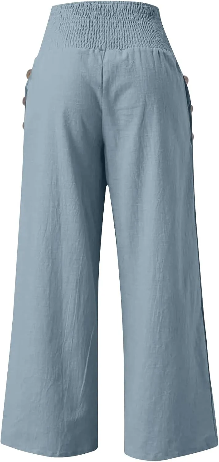 Womens Linen Pants with Pockets Vacation Dressy Elastic Waist Lightweight Casual Cotton Linen Capris