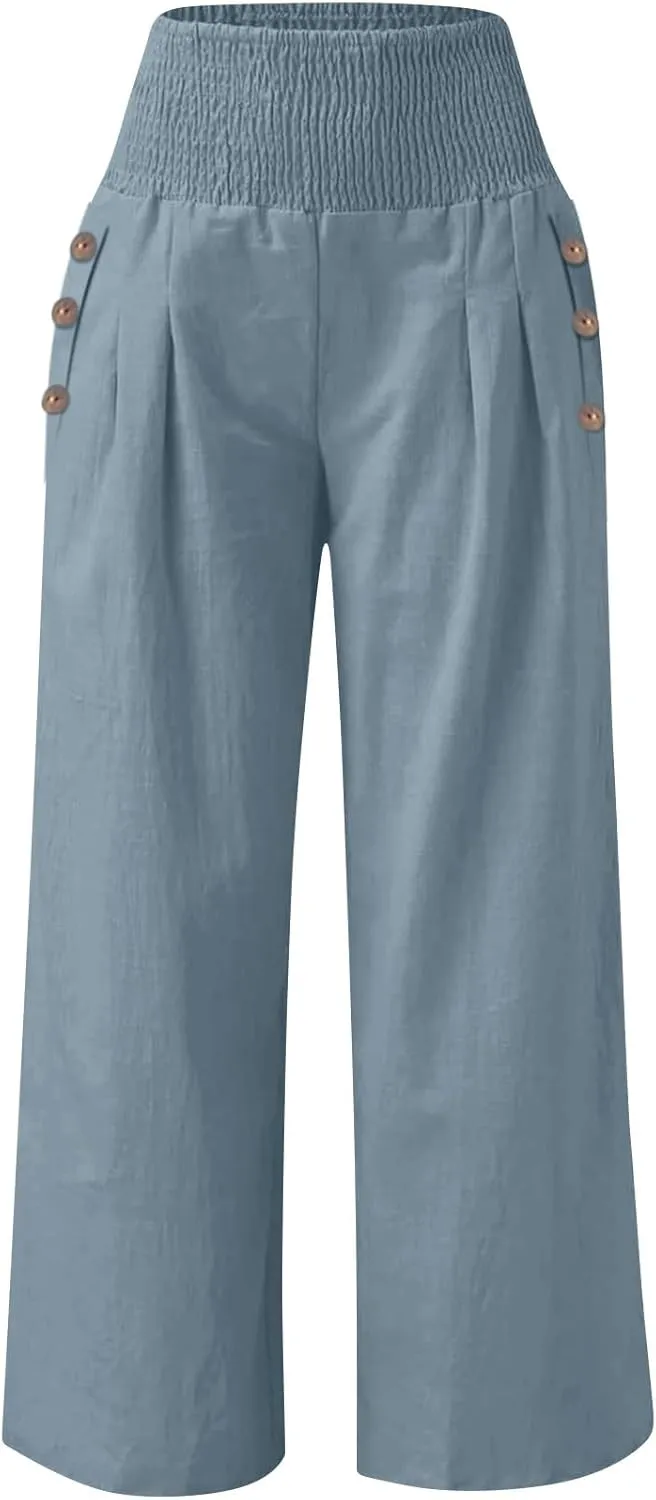 Womens Linen Pants with Pockets Vacation Dressy Elastic Waist Lightweight Casual Cotton Linen Capris