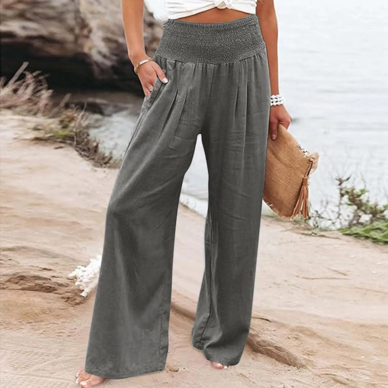 Womens Linen Pants with Pockets Vacation Dressy Elastic Waist Lightweight Casual Cotton Linen Capris
