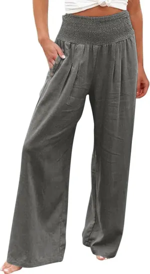 Womens Linen Pants with Pockets Vacation Dressy Elastic Waist Lightweight Casual Cotton Linen Capris