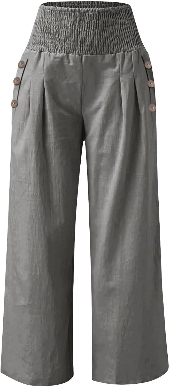 Womens Linen Pants with Pockets Vacation Dressy Elastic Waist Lightweight Casual Cotton Linen Capris