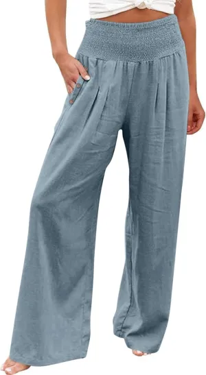 Womens Linen Pants with Pockets Vacation Dressy Elastic Waist Lightweight Casual Cotton Linen Capris