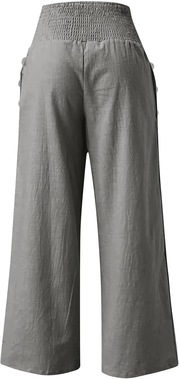 Womens Linen Pants with Pockets Vacation Dressy Elastic Waist Lightweight Casual Cotton Linen Capris