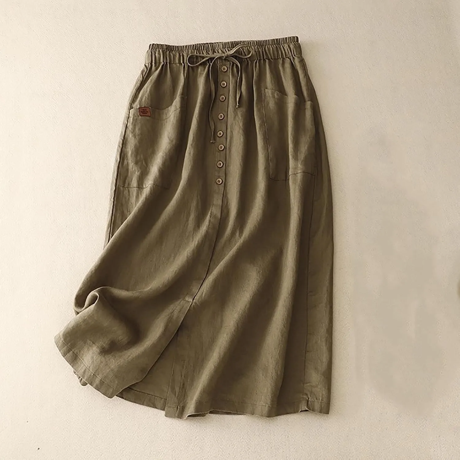 Women's Linen Skirts Summer Casual High Waisted Drawstring Midi Skirt Retro Solid Boho Dress Trendy Loose Outfits