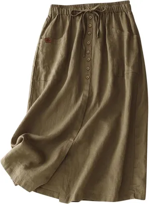 Women's Linen Skirts Summer Casual High Waisted Drawstring Midi Skirt Retro Solid Boho Dress Trendy Loose Outfits
