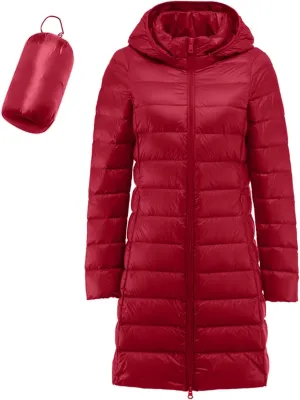 Women's Long Down Coat Hooded Winter Packable Puffer Jacket Ultra Light Quilted Winter Coat with Pocket Outerwear