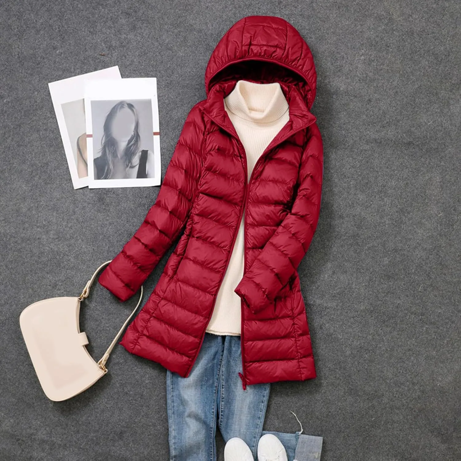 Women's Long Down Coat Hooded Winter Packable Puffer Jacket Ultra Light Quilted Winter Coat with Pocket Outerwear