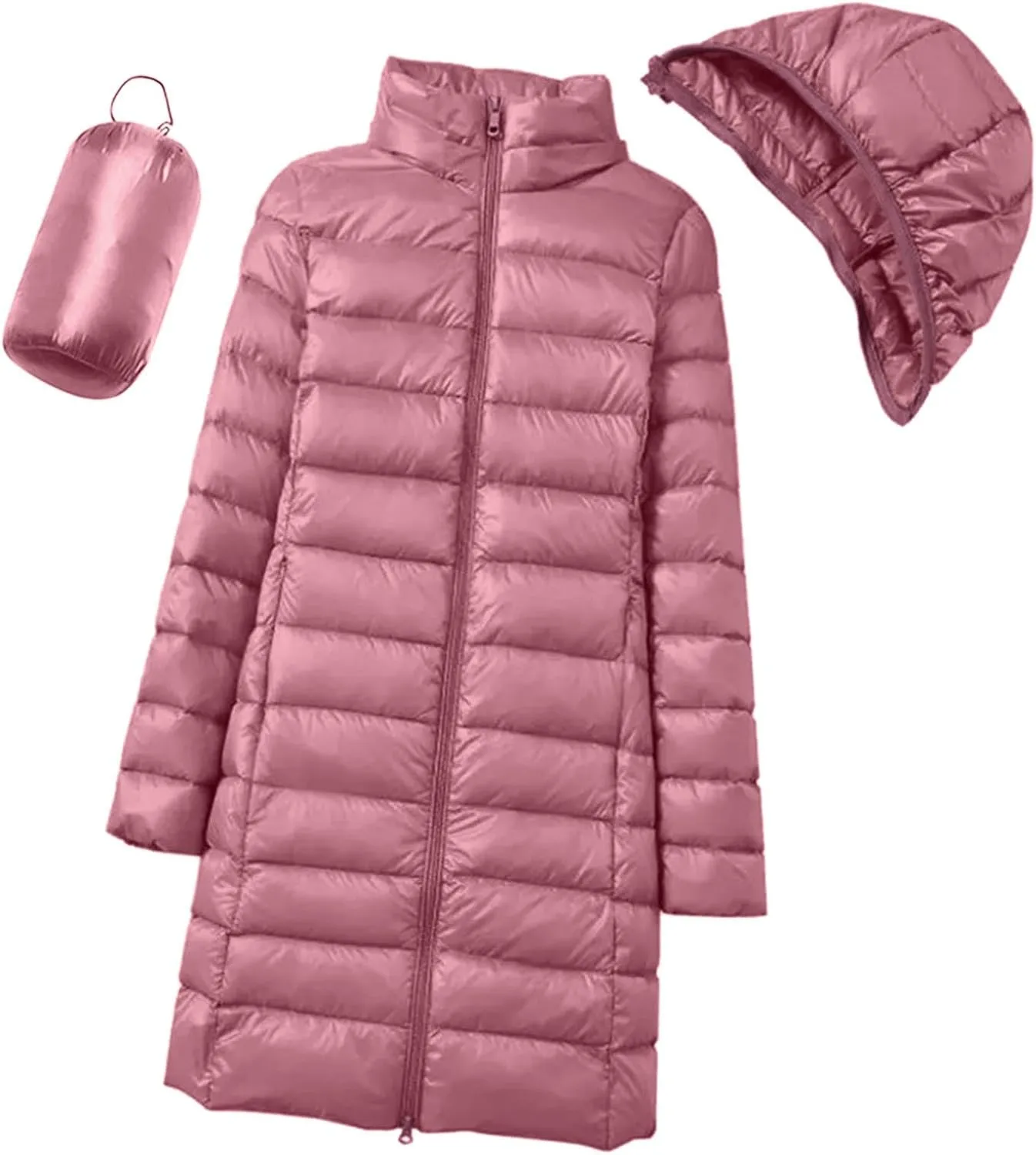 Women's Long Down Coat Hooded Winter Packable Puffer Jacket Ultra Light Quilted Winter Coat with Pocket Outerwear