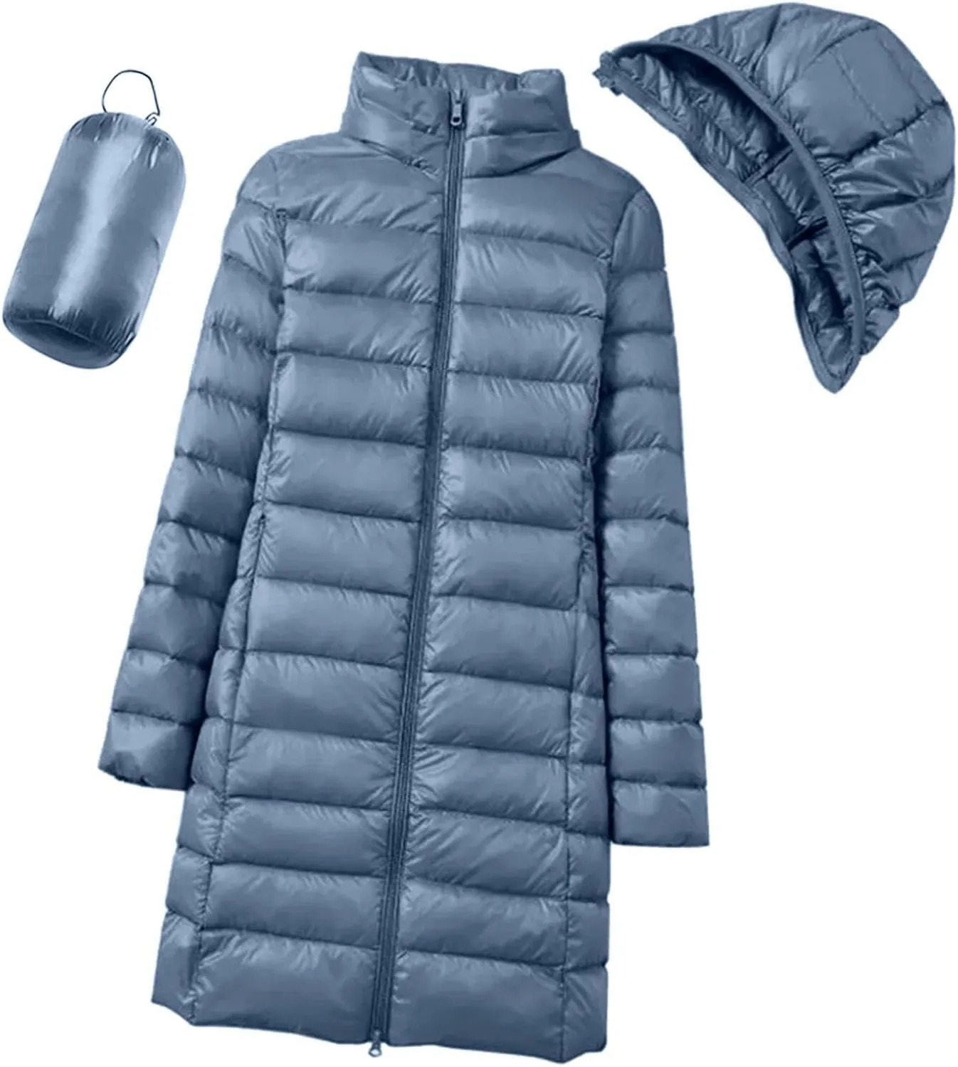 Women's Long Down Coat Hooded Winter Packable Puffer Jacket Ultra Light Quilted Winter Coat with Pocket Outerwear