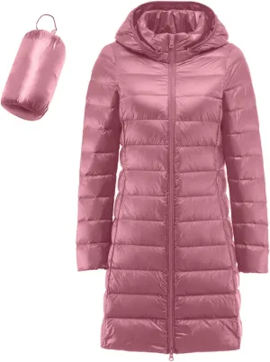 Women's Long Down Coat Hooded Winter Packable Puffer Jacket Ultra Light Quilted Winter Coat with Pocket Outerwear