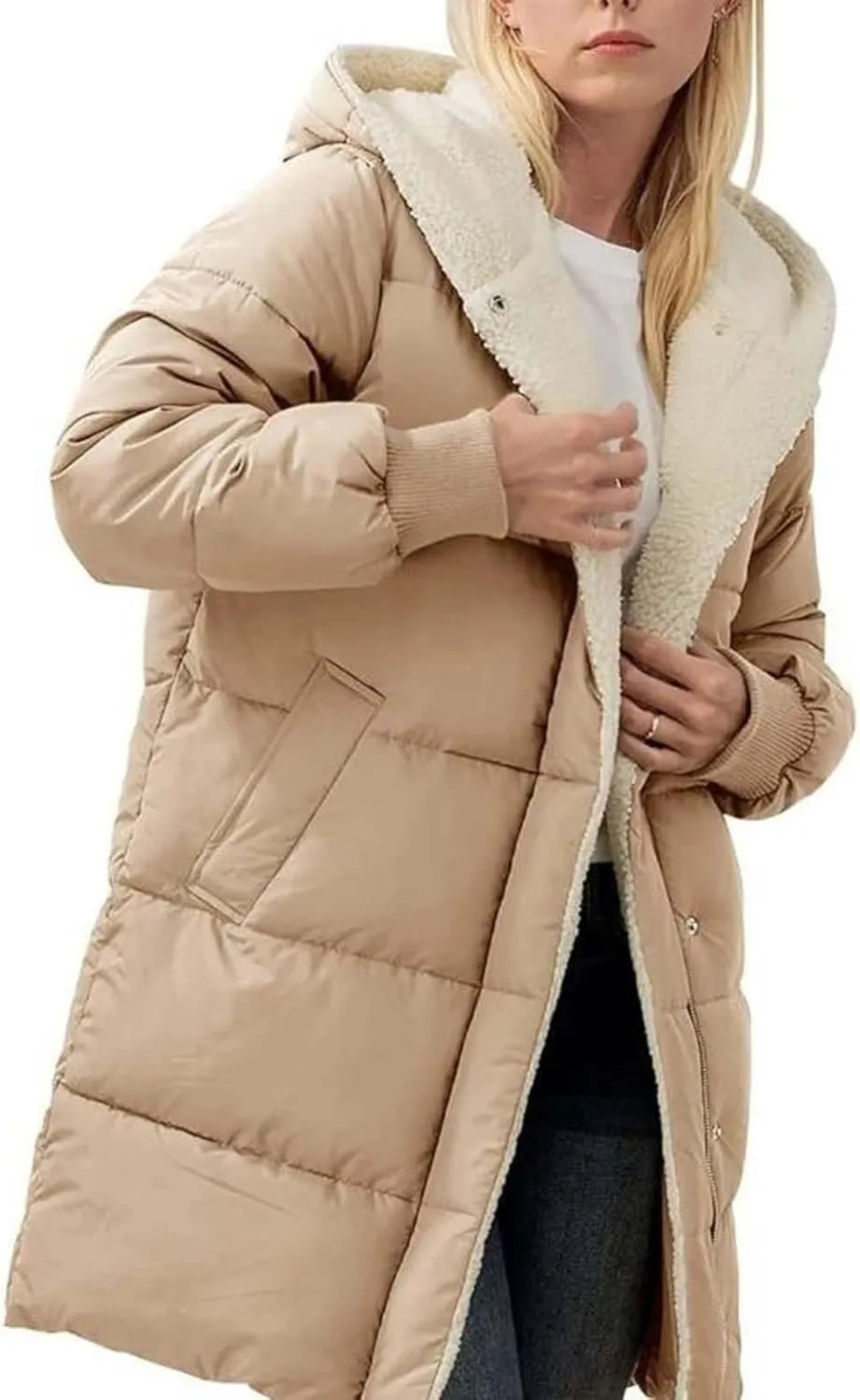 Womens Long Puffer Jacket Casual Reversible Fleece Down Coats Loose Fit Windbreaked Winter Oversized Outfits Hooded