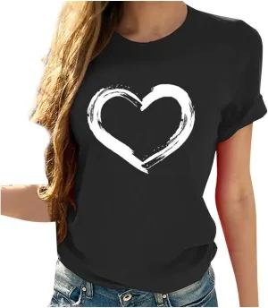 Women's Love Heart Graphic Print Tee Short Sleeve Crew Neck T Shirt Casual Summer Loose Fit Solid Color Pullover Tops