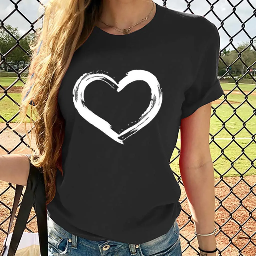 Women's Love Heart Graphic Print Tee Short Sleeve Crew Neck T Shirt Casual Summer Loose Fit Solid Color Pullover Tops
