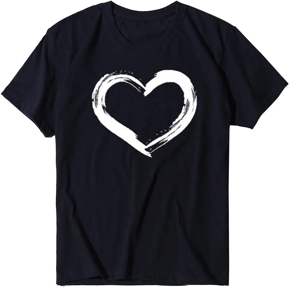 Women's Love Heart Graphic Print Tee Short Sleeve Crew Neck T Shirt Casual Summer Loose Fit Solid Color Pullover Tops
