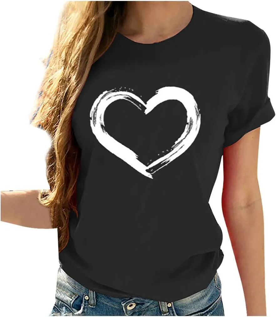 Women's Love Heart Graphic Print Tee Short Sleeve Crew Neck T Shirt Casual Summer Loose Fit Solid Color Pullover Tops