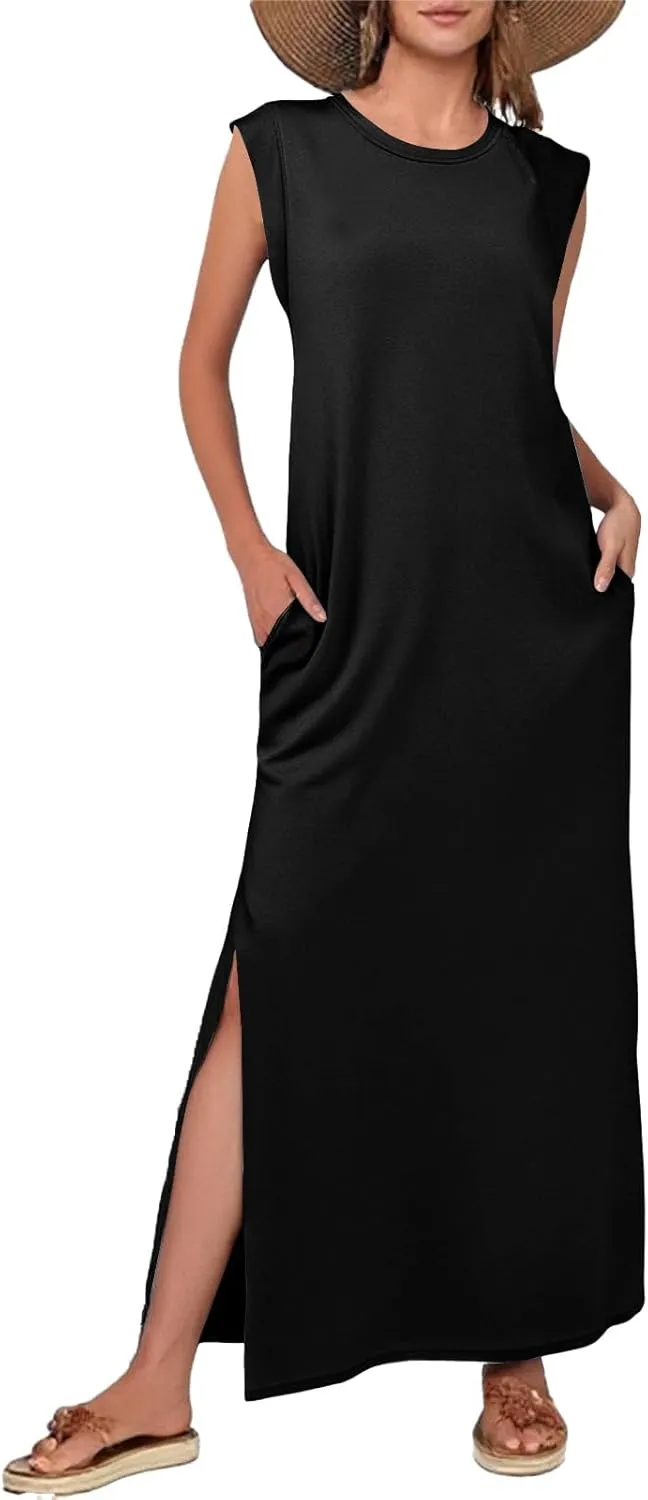 Womens Maxi Dress Summer Casual Sleeveless Sundress Crew Neck Long Dresses Split Wrinkle-Free Dresses with Pockets