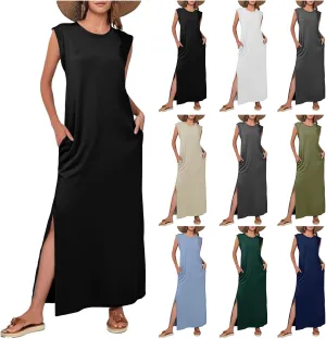 Womens Maxi Dress Summer Casual Sleeveless Sundress Crew Neck Long Dresses Split Wrinkle-Free Dresses with Pockets