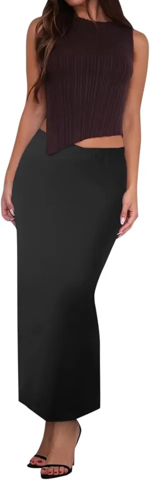 Womens Maxi Skirt with Slit High Elastic Waist Business Slim Fit Stretchy Long Pencil Skirts for Women Formal