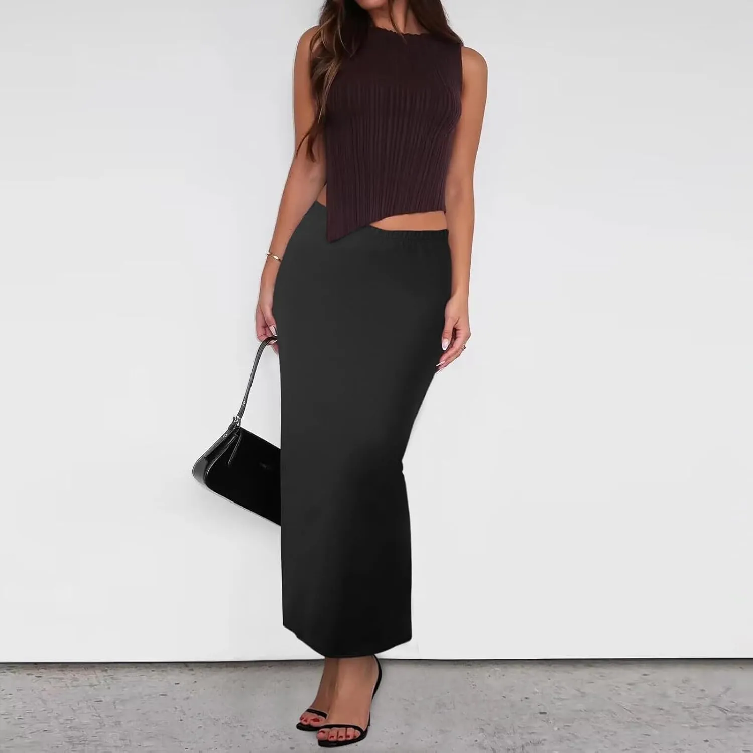 Womens Maxi Skirt with Slit High Elastic Waist Business Slim Fit Stretchy Long Pencil Skirts for Women Formal