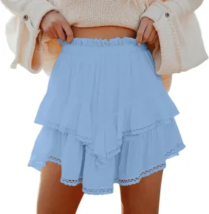 Womens Mini Skirts Double Layer Ruffle Fashion Solid Color Lace Hem Elastic Waist Skirts Swing Cute Beach Skorts