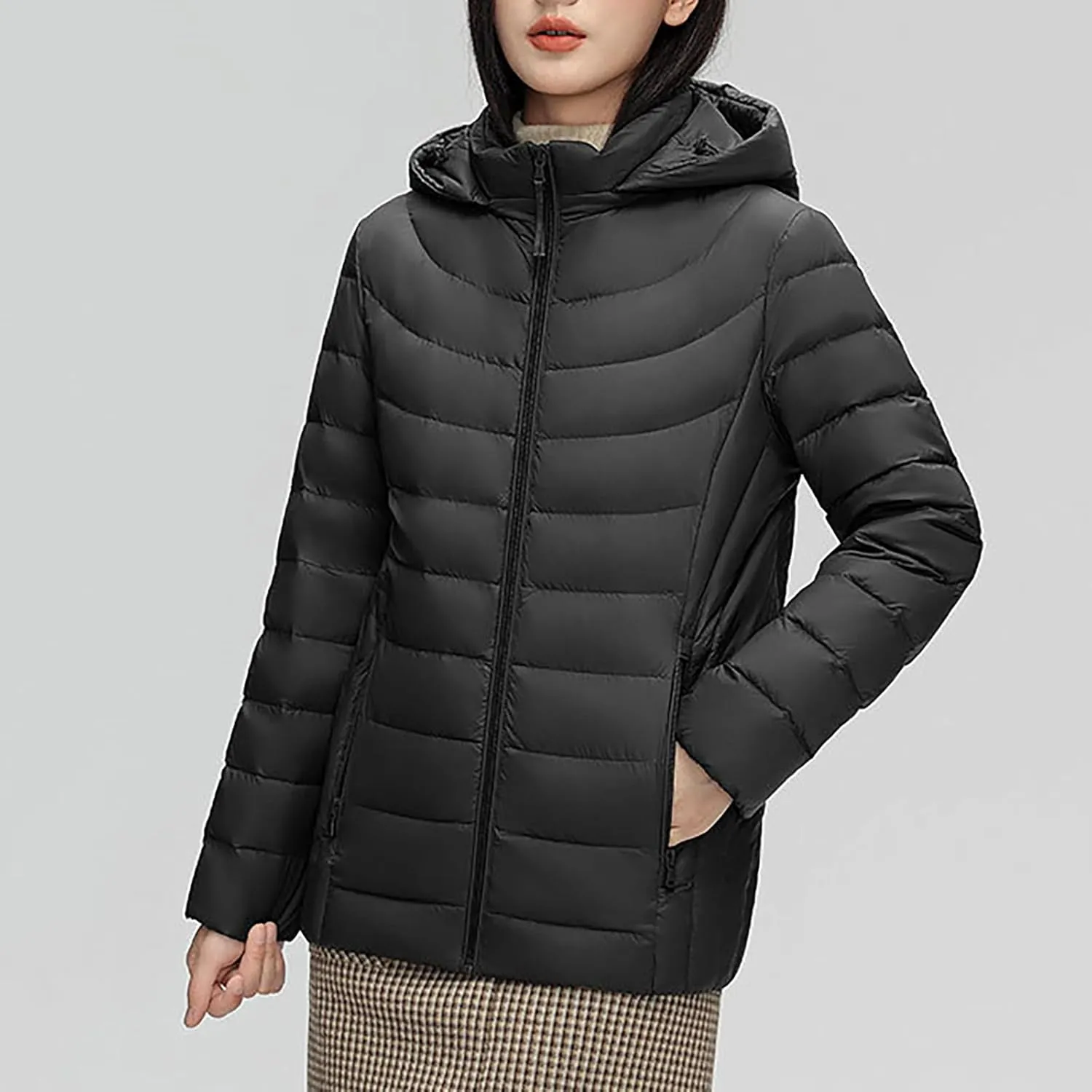 Womens Oversized Puffer Jackets Stand Collar Puffer Down Coat with Hood Lightweight Zip Quilted Down Coats Plus Size