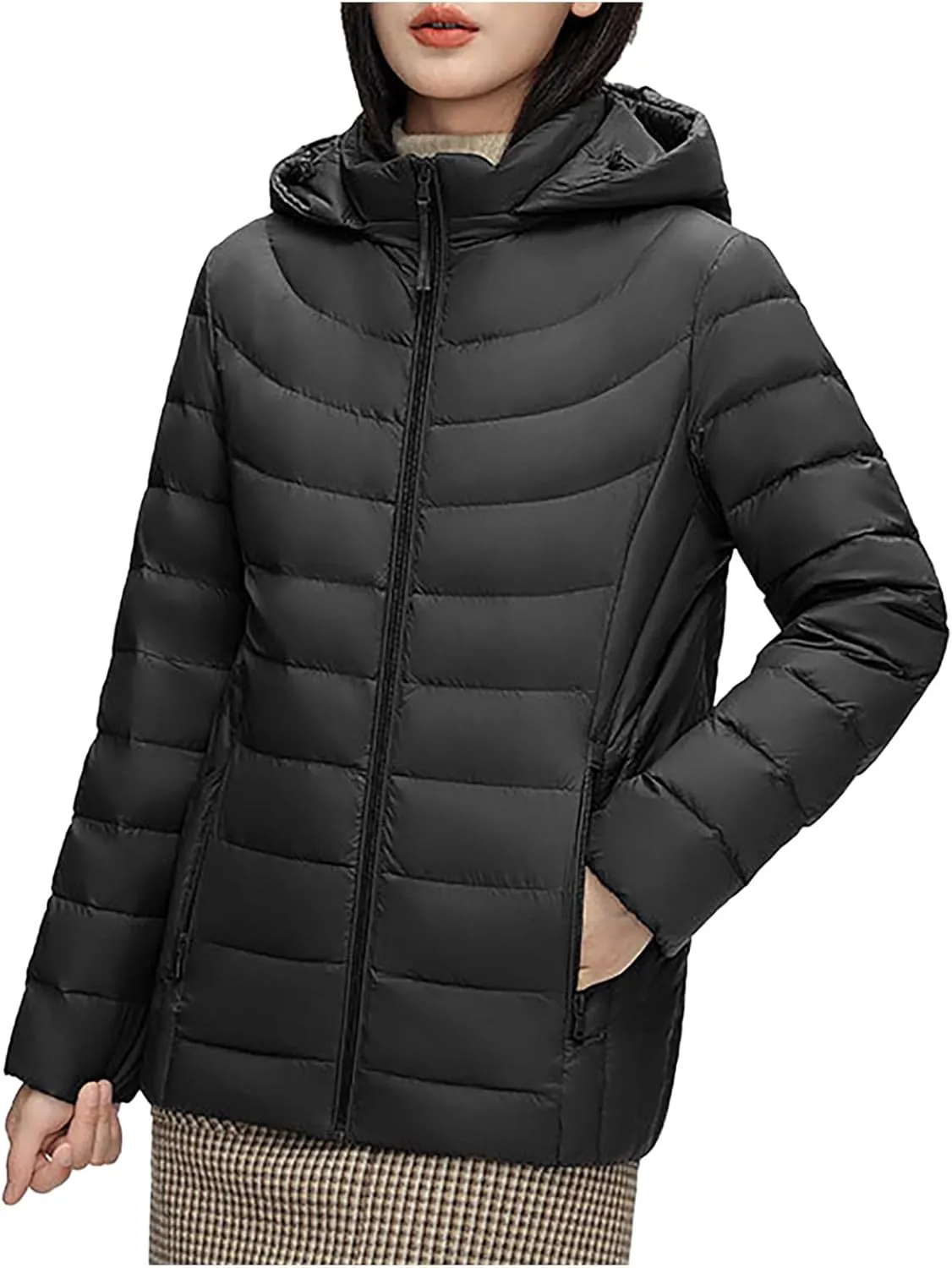 Womens Oversized Puffer Jackets Stand Collar Puffer Down Coat with Hood Lightweight Zip Quilted Down Coats Plus Size