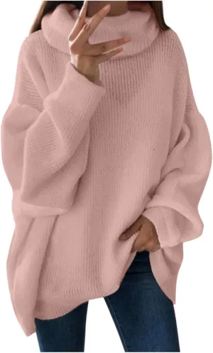 Women's Oversized Turtleneck Long Sleeve Casual Pullover Solid Color Cute Knit Sweater Casual Winter Pullover Jumper