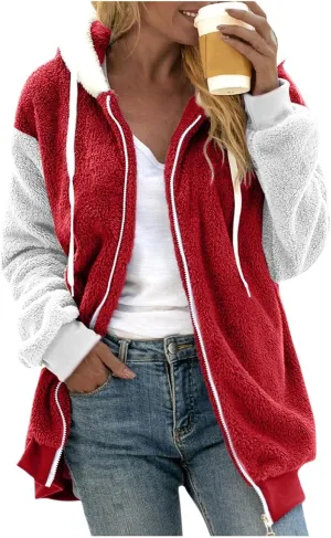 Womens Oversized Zip Up Coat Fuzzy Fleece Sherpa Jacket with Pockets Hoodie Outerwear Fall and Winter