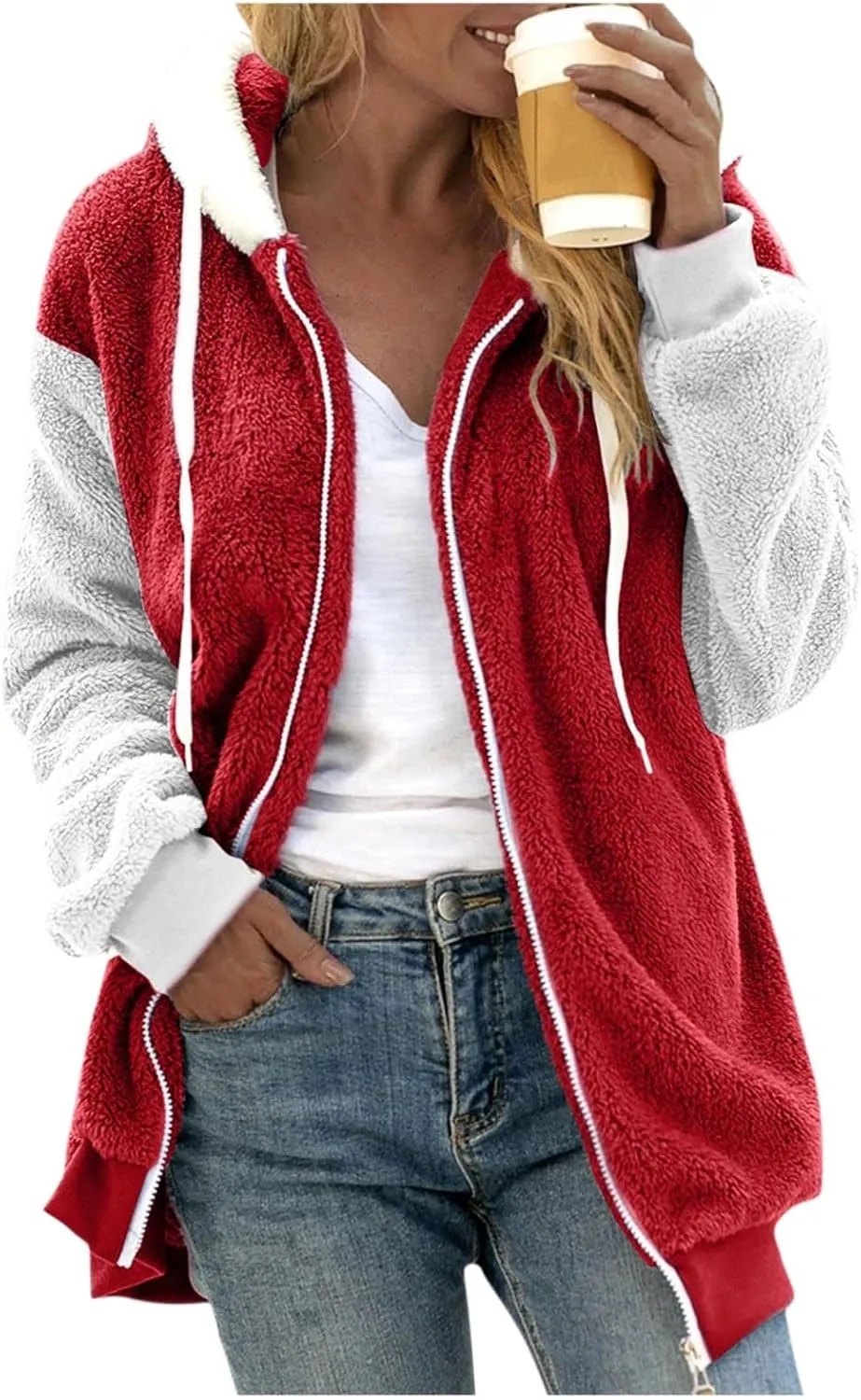 Womens Oversized Zip Up Coat Fuzzy Fleece Sherpa Jacket with Pockets Hoodie Outerwear Fall and Winter