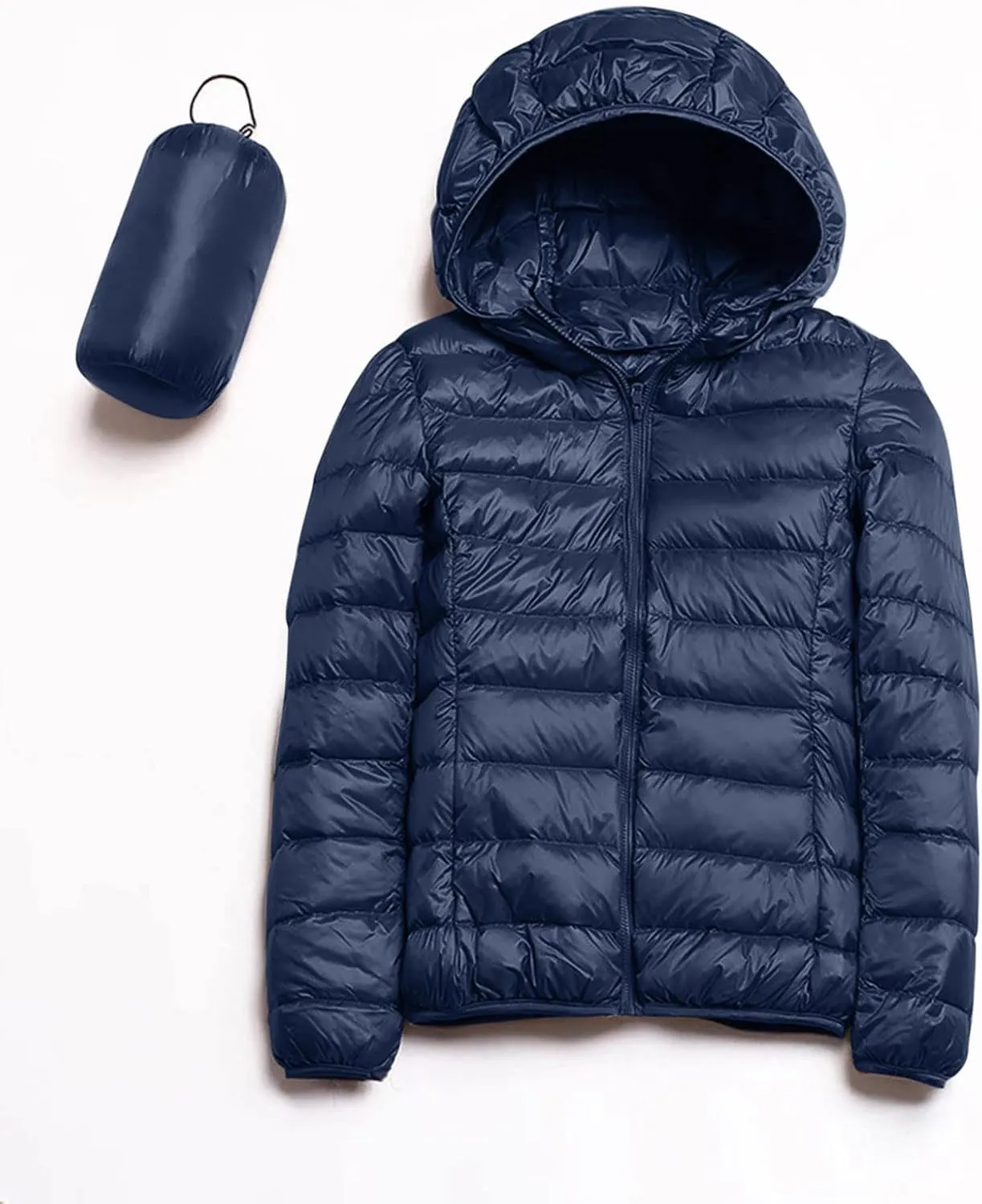 Women's Packable Puffer Jacket Full-Zip Hoodie Down Jacket Lightweight Thermal Travel Outwear Puffer Coat with Pockets