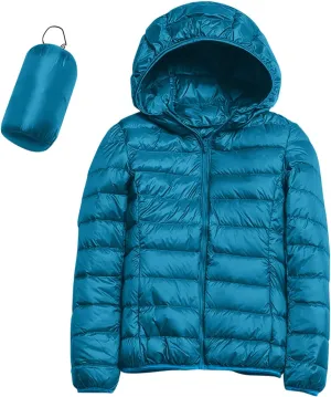 Women's Packable Puffer Jacket Full-Zip Hoodie Down Jacket Lightweight Thermal Travel Outwear Puffer Coat with Pockets