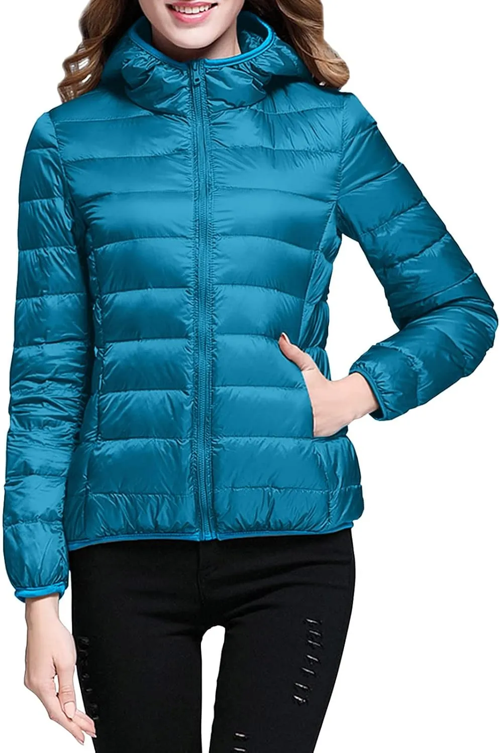 Women's Packable Puffer Jacket Full-Zip Hoodie Down Jacket Lightweight Thermal Travel Outwear Puffer Coat with Pockets