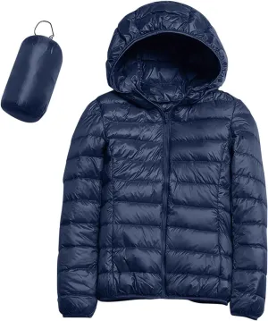 Women's Packable Puffer Jacket Full-Zip Hoodie Down Jacket Lightweight Thermal Travel Outwear Puffer Coat with Pockets