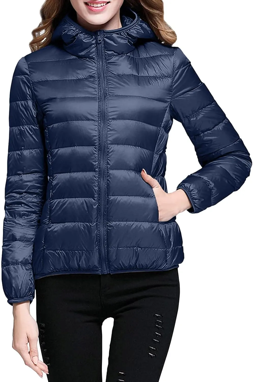 Women's Packable Puffer Jacket Full-Zip Hoodie Down Jacket Lightweight Thermal Travel Outwear Puffer Coat with Pockets