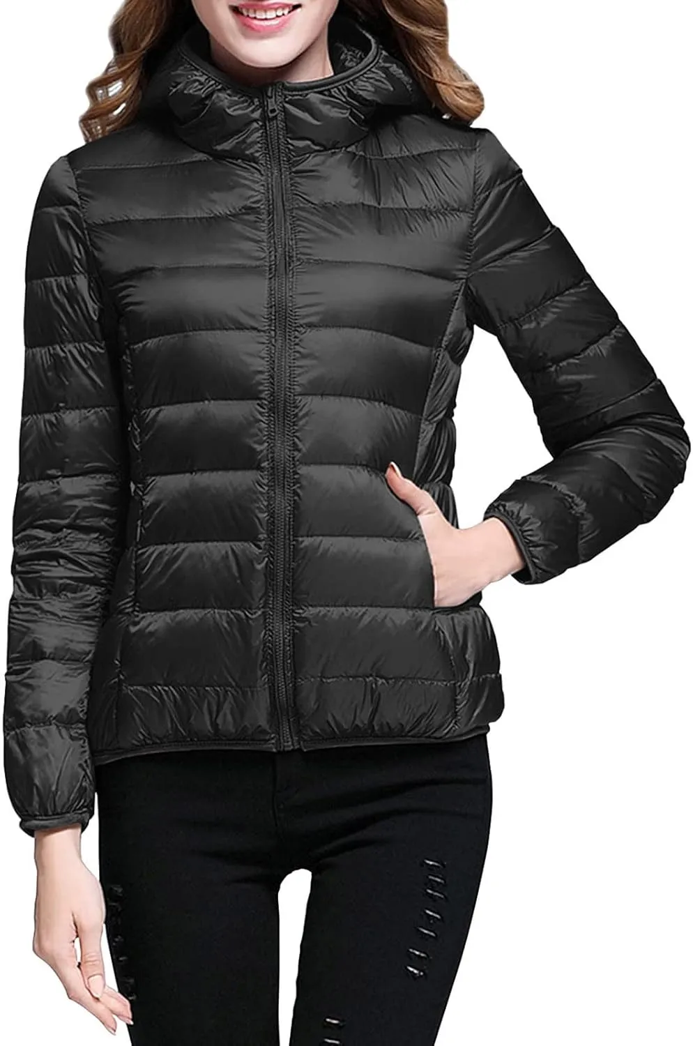Women's Packable Puffer Jacket Lightweight Hoodie Down Jacket Full Zip Quilted Outwear Puffer Coat with Pockets