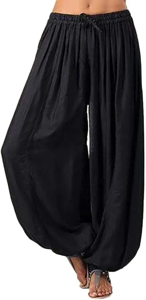 Womens Palazzo Pants Loose Pants Comfy Work Pants with Elastic High Waist Paper Bag Drawstring Pant Summer Wide Leg