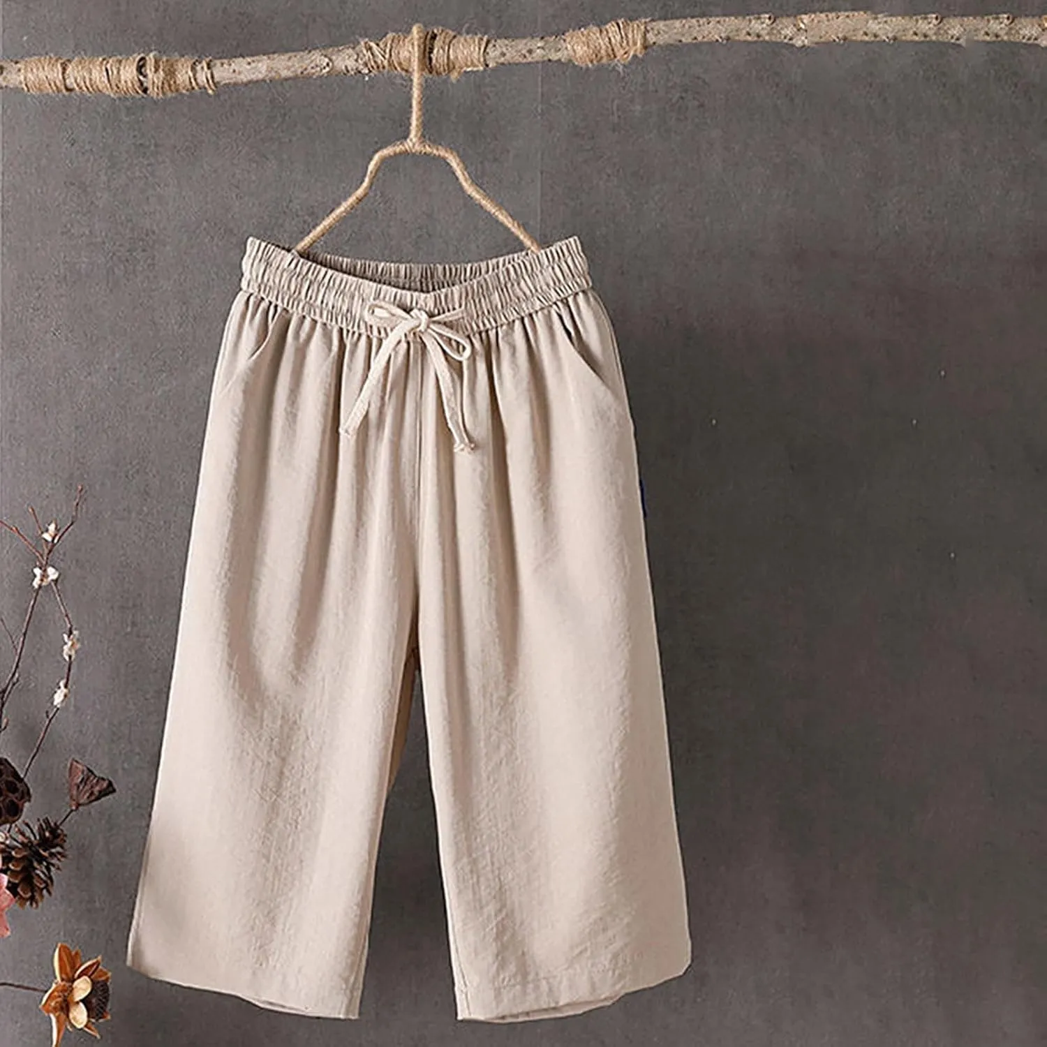 Womens Palazzo Pants Loose Pants Comfy Work Pants with Elastic High Waist Paper Bag Drawstring Pant Summer Wide Leg