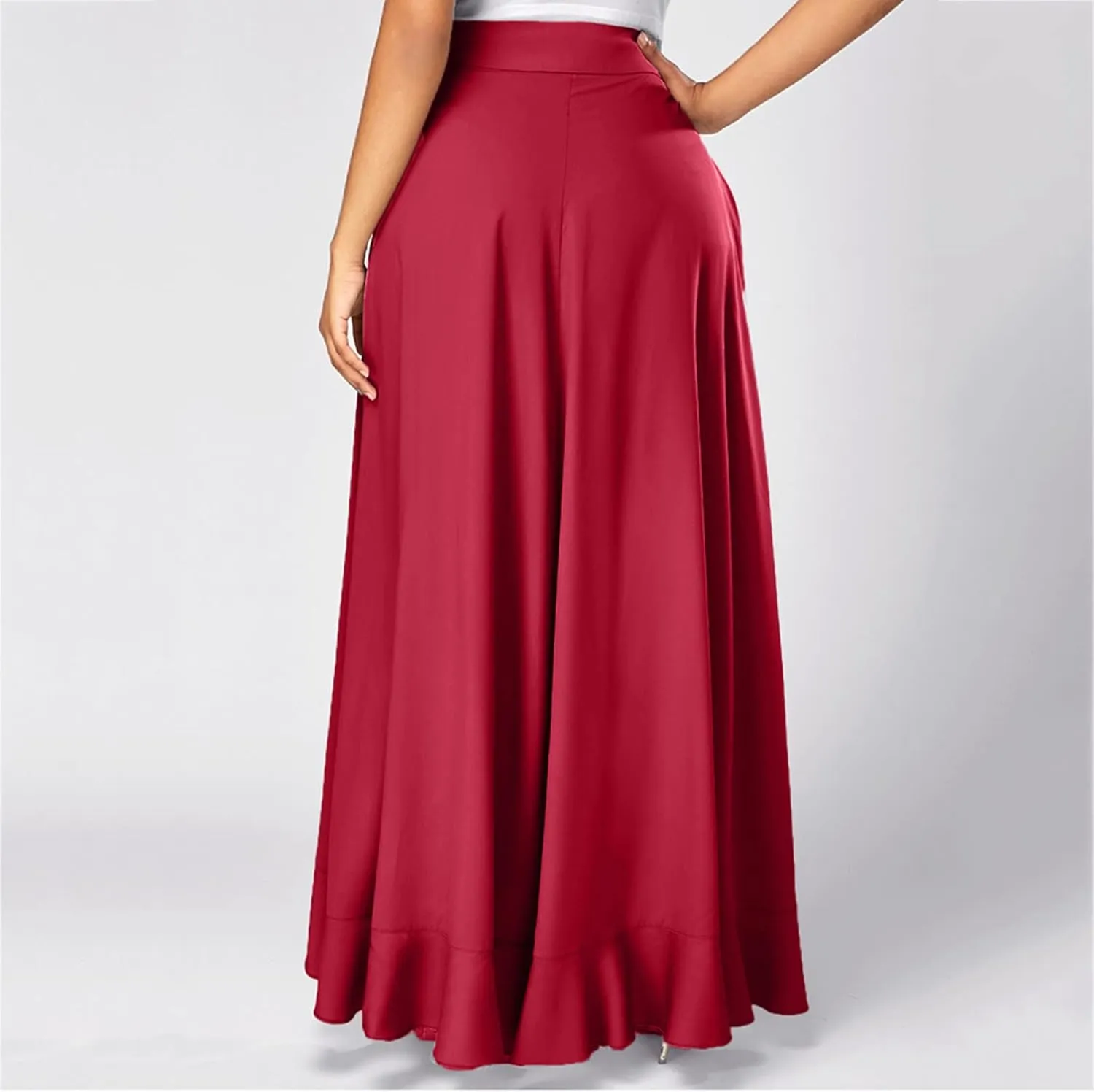 Women's Pants with Skirt Overlay Ruffle Culottes Skirt High Waisted 2 in 1 Pants Skirts Flowy Lace Up Maxi Skirt