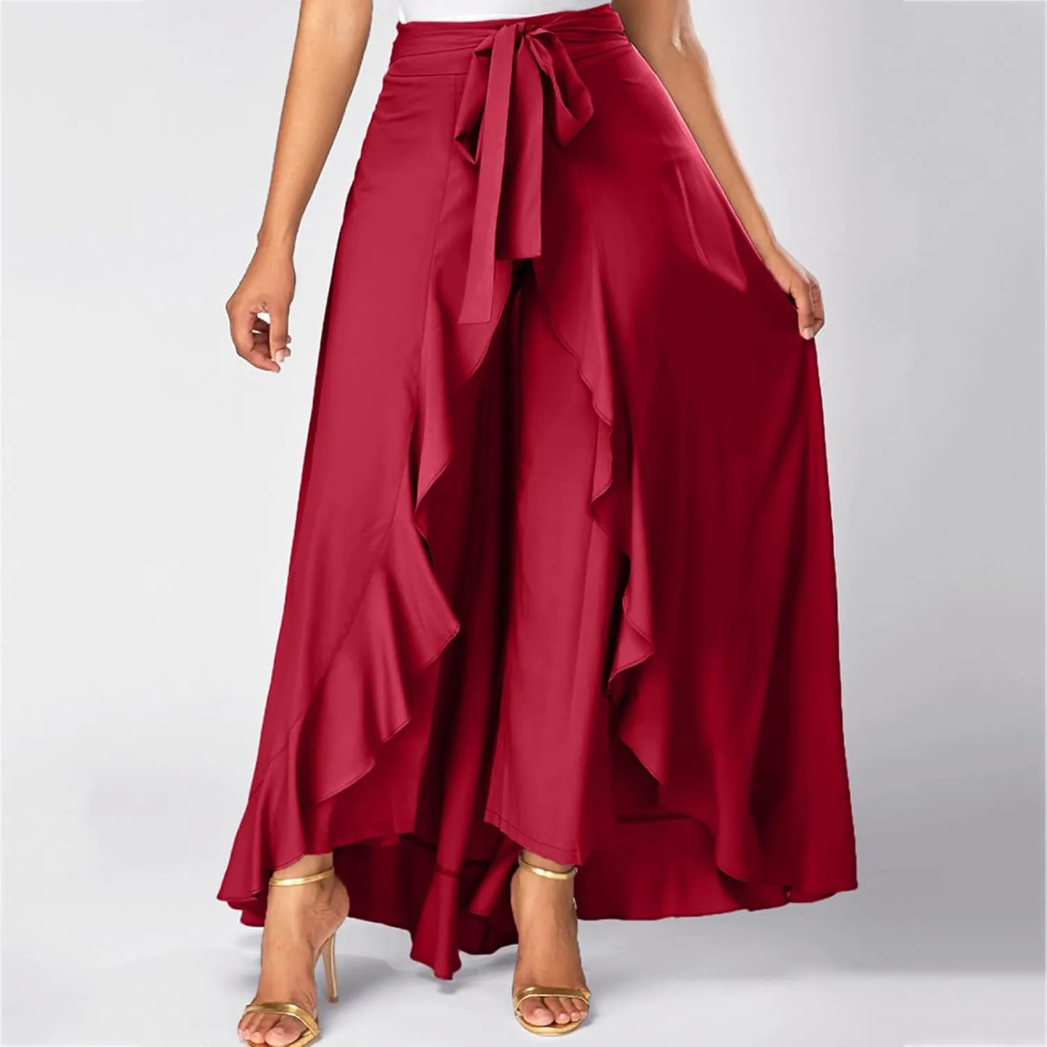 Women's Pants with Skirt Overlay Ruffle Culottes Skirt High Waisted 2 in 1 Pants Skirts Flowy Lace Up Maxi Skirt