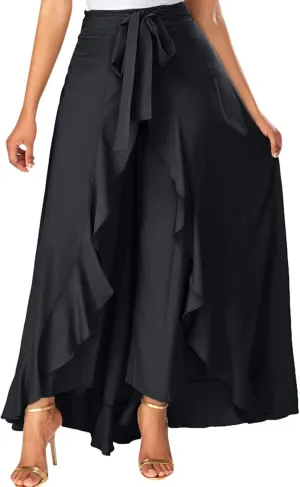 Women's Pants with Skirt Overlay Ruffle Culottes Skirt High Waisted 2 in 1 Pants Skirts Flowy Lace Up Maxi Skirt