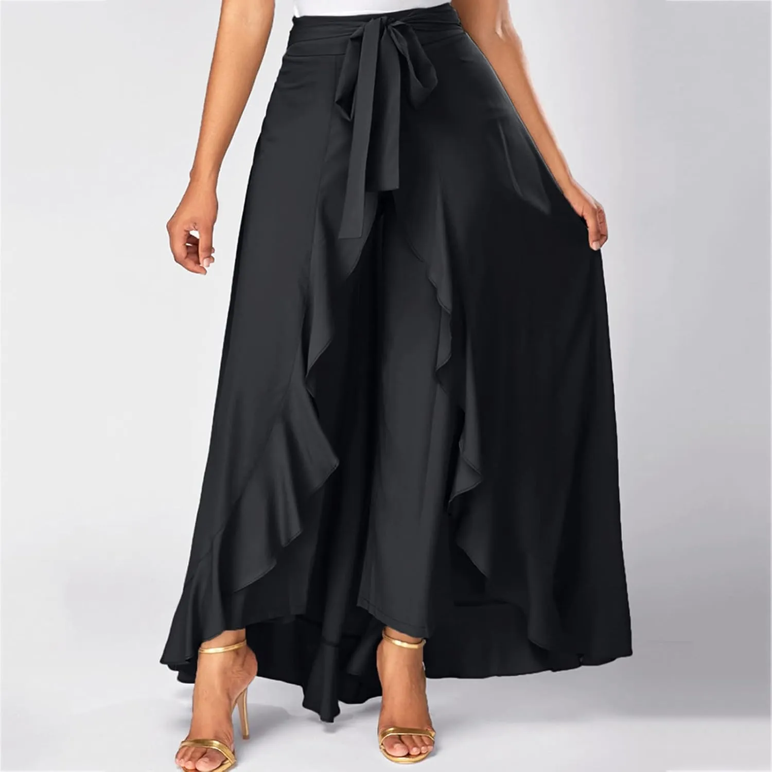 Women's Pants with Skirt Overlay Ruffle Culottes Skirt High Waisted 2 in 1 Pants Skirts Flowy Lace Up Maxi Skirt