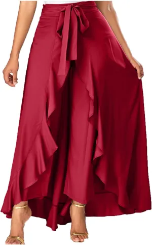 Women's Pants with Skirt Overlay Ruffle Culottes Skirt High Waisted 2 in 1 Pants Skirts Flowy Lace Up Maxi Skirt