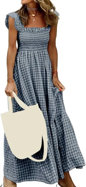 Womens Plaid Dresses Square Neck Strap Flounce Long Dress Smocked Sleeveless Maxi Dress Flowy A-Line Beach Sundress