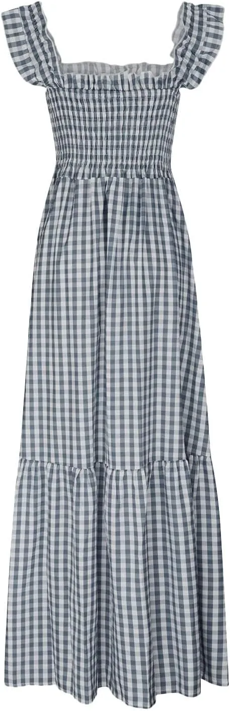 Womens Plaid Dresses Square Neck Strap Flounce Long Dress Smocked Sleeveless Maxi Dress Flowy A-Line Beach Sundress